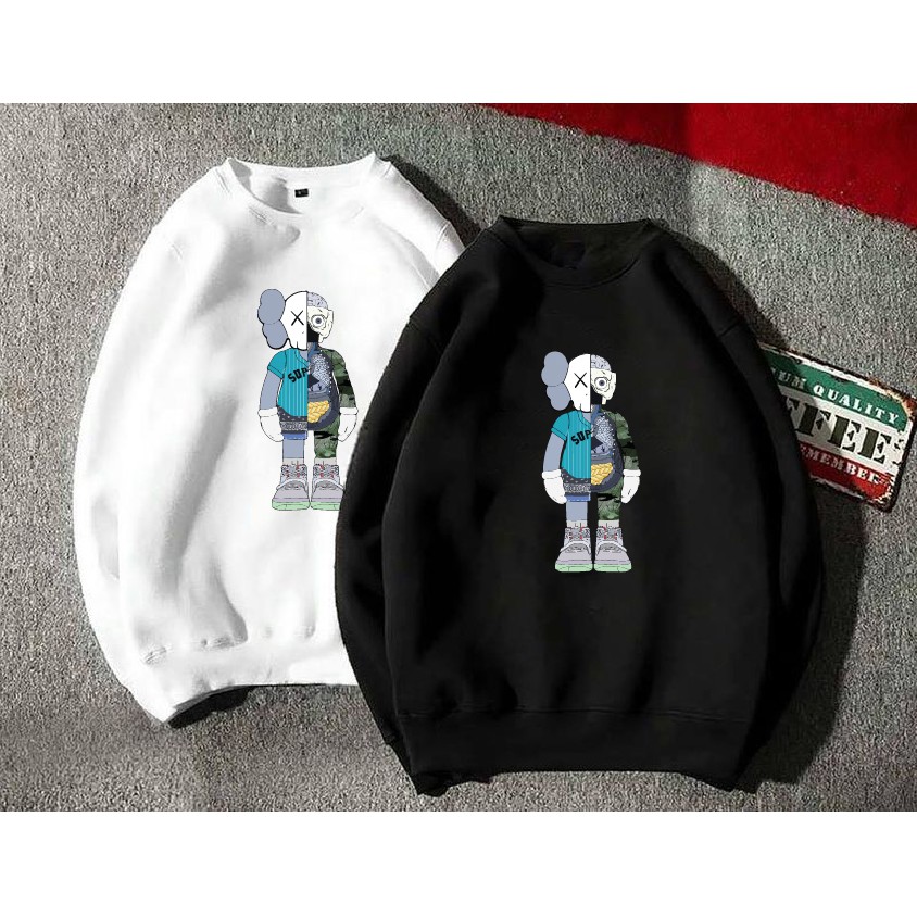 Áo nỉ Sweater KAWS cute form suông rộng unisex cho nam nữ, chất nỉ bông siêu ấm, màu đen trắng cổ tròn