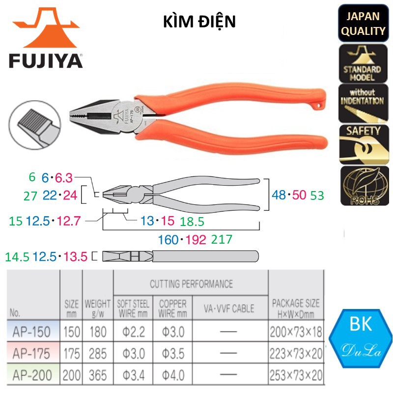 Kìm điện cắt dây thép dây đồng 6 inch/ 150mm Fujiya AP-150 tiêu chuẩn Nhật- Japan