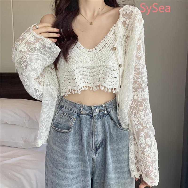Bộ áo hai dây + áo khoác cardigan phối ren xinh xắn dành cho nữ có bán lẻ