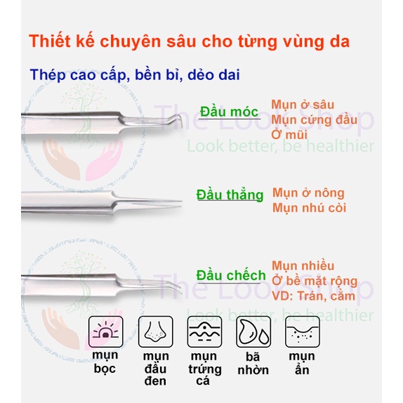 Bộ nặn mụn cao cấp gồm nhíp gắp mụn và cây que chích mụn - Dụng cụ nặn mụn thép không gỉ