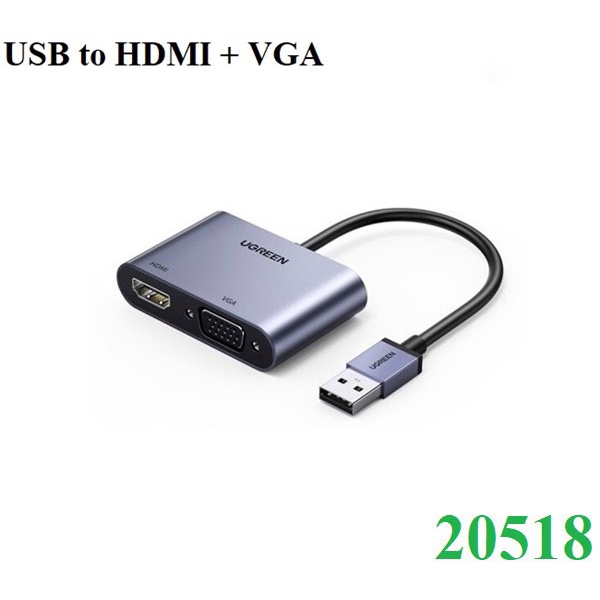 Cáp Chuyển USB Sang HDMI/ VGA Ugreen 20518 - USB 3.0 To HDMI và VGA Converter - Hàng Chính Hãng