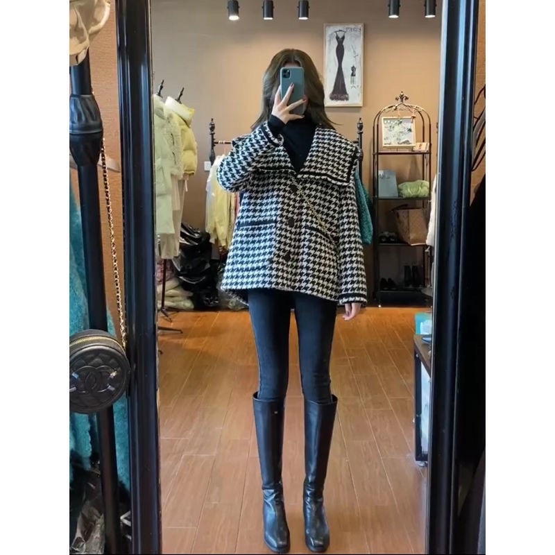 Áo khoác hoạ tiết  Houndstooth phong cách hàn quốc.