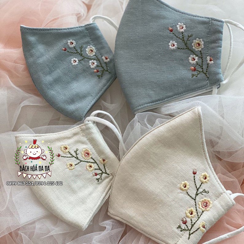 Bộ Kit đầy đủ nguyên liệu Thêu Tay Mẫu Hoa Tự Làm Khẩu trang vải Linen 3 lớp kháng khuẩn Handmade DIY - Bách hóa Na Na