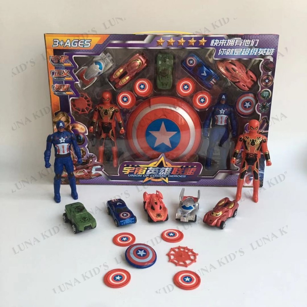 Mô Hình Siêu Nhân Bộ Đồ Chơi Người Nhện Và Captain American Có Khiên Và 5 Ô Tô Bánh Đà Luna Kid's