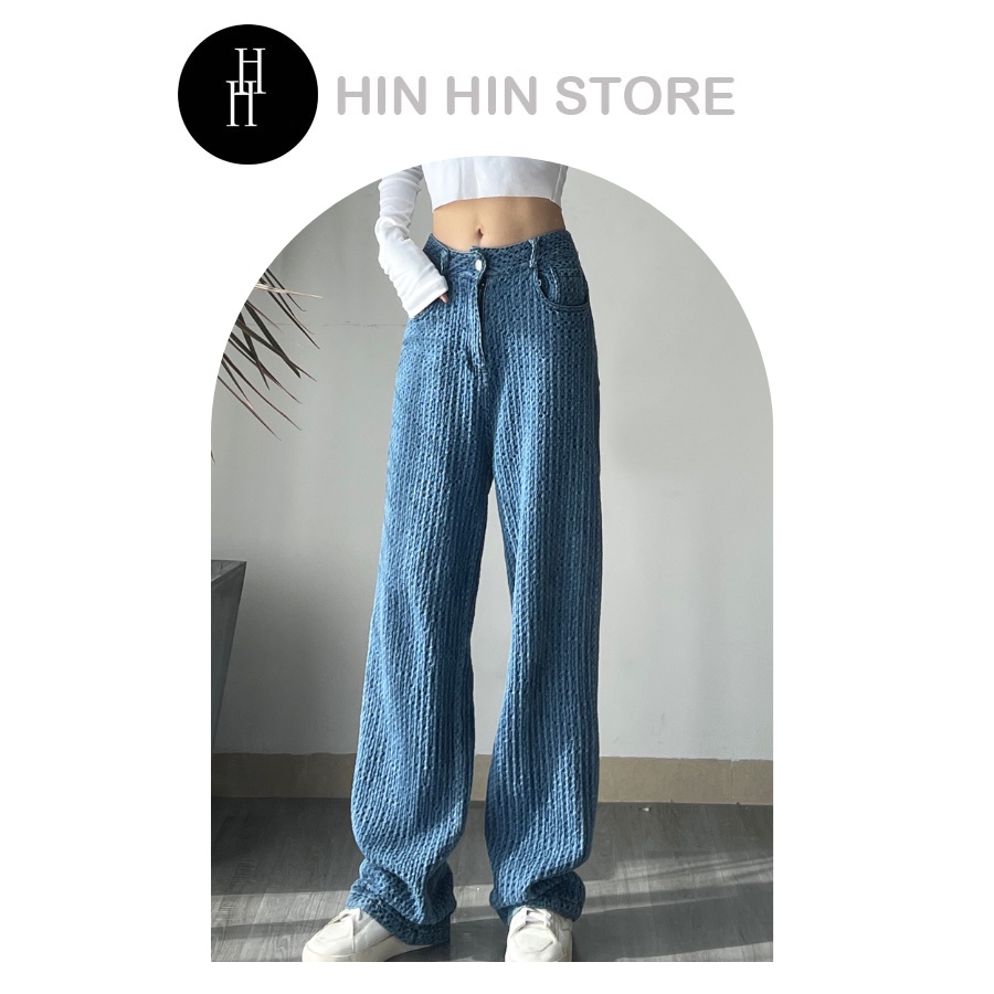 Quần jean lưng cao chất liệu dệt ô ống rộng HQD45 Hỉn Hỉn Store
