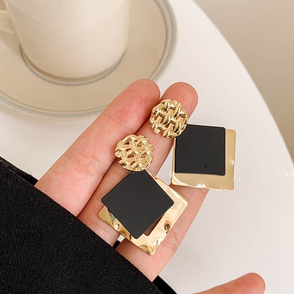 Bông Tai Mạ Bạc 925 Hình Vuông Màu Đen Phong Cách retro Pháp Cho Nữ