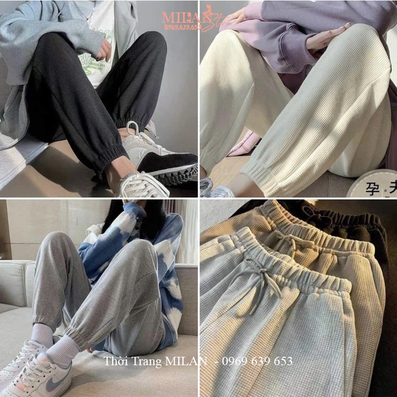 Quần ống rộng chất tổ ong bo gấu chun chân dày dặn - Quần Jogger thể thao nỉ cạp chun dây rút Unisex phong cách Ulzzang