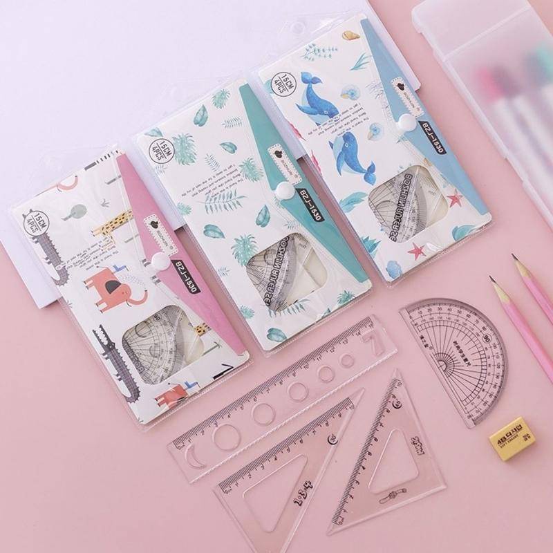 ⭐ iLado ⭐   Bộ Thước Kẻ 4 Món 15cm Thước đo kích thước Dụng Cụ Vẽ Hình Học Thước kẻ học sinh dễ thương chất lượng cao Tiện Lợi Hoạt Hình trong suốt có túi đựng In Họa Tiết Hoạt Hình dễ thương