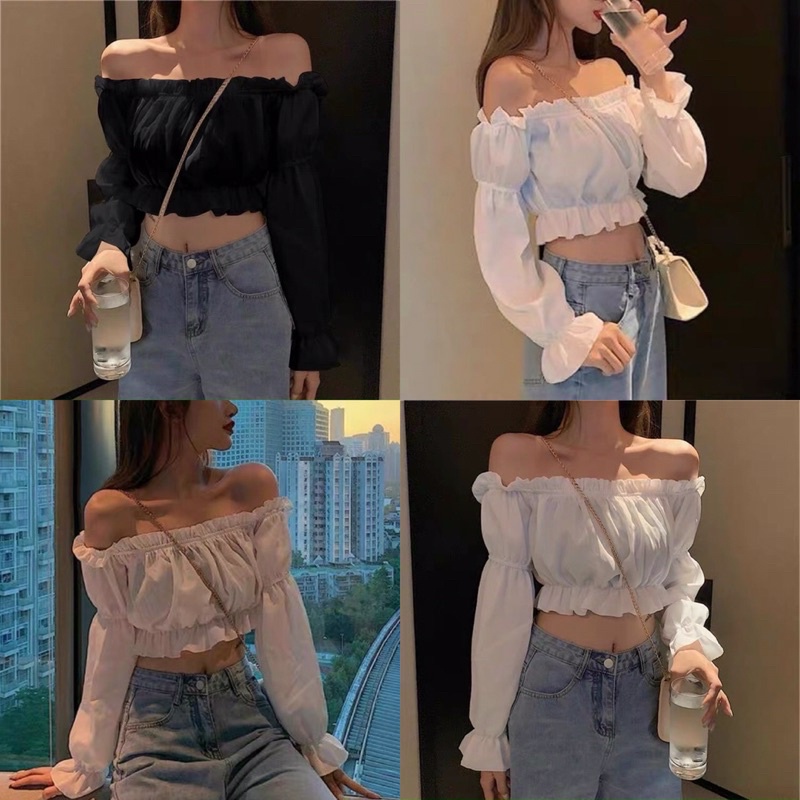 Áo Kiểu Nữ Croptop Chất Lụa Tay Dài Bẹt vai màu trắng đen - FIFI AT10