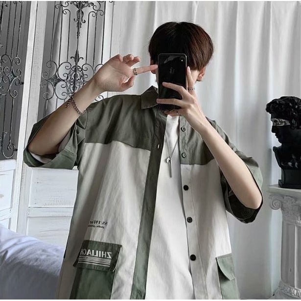 Áo sơ mi tay ngắn nam nữ form rộng cổ vest , sơ mi cộc tay unisex Hàn Quốc - A04