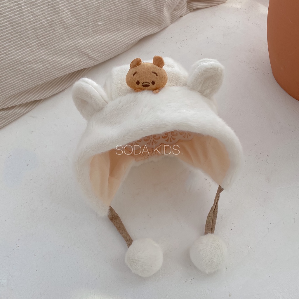 Mũ lông gấu pooh cục bông cho bé 3 màu (Ảnh thật)