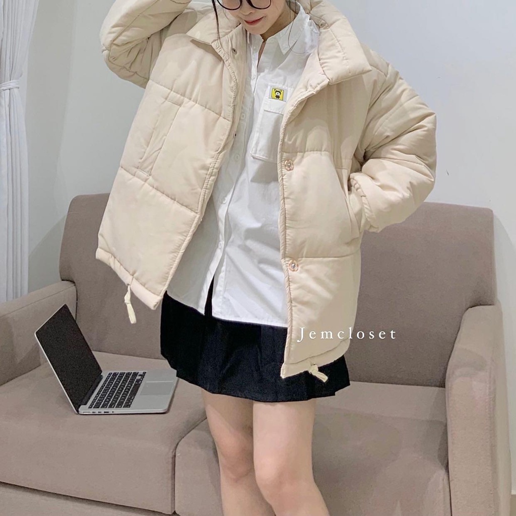 Áo Khoác Phao Nữ JEMCLOSET Đại Hàn Form Rộng Chất Liệu Nhung Mờ Mịn Yili 2 Màu Đen Và be -1971