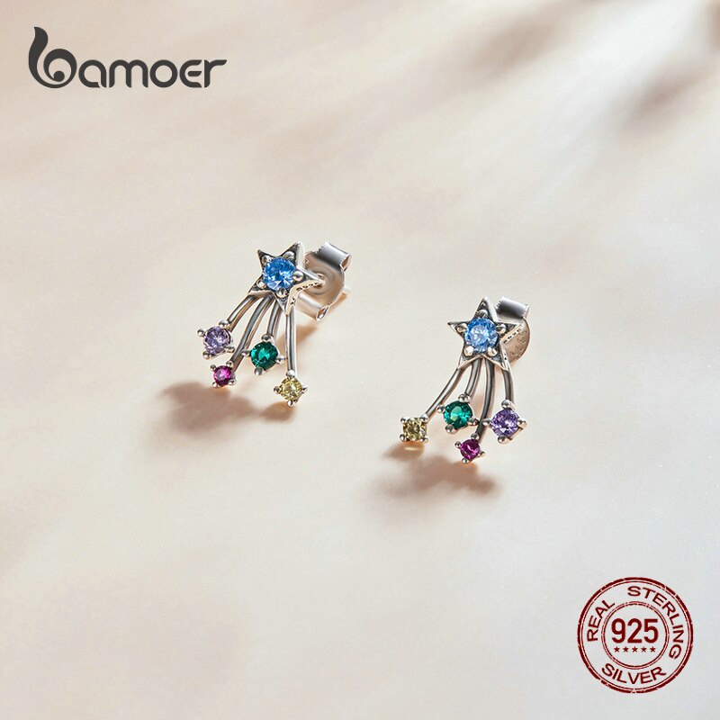 Hoa tai Bamoer BSE528 bạc sterling 925 họa tiết trái tim zircon màu cầu vồng lấp lánh thời trang cho nữ không gây dị ứng
