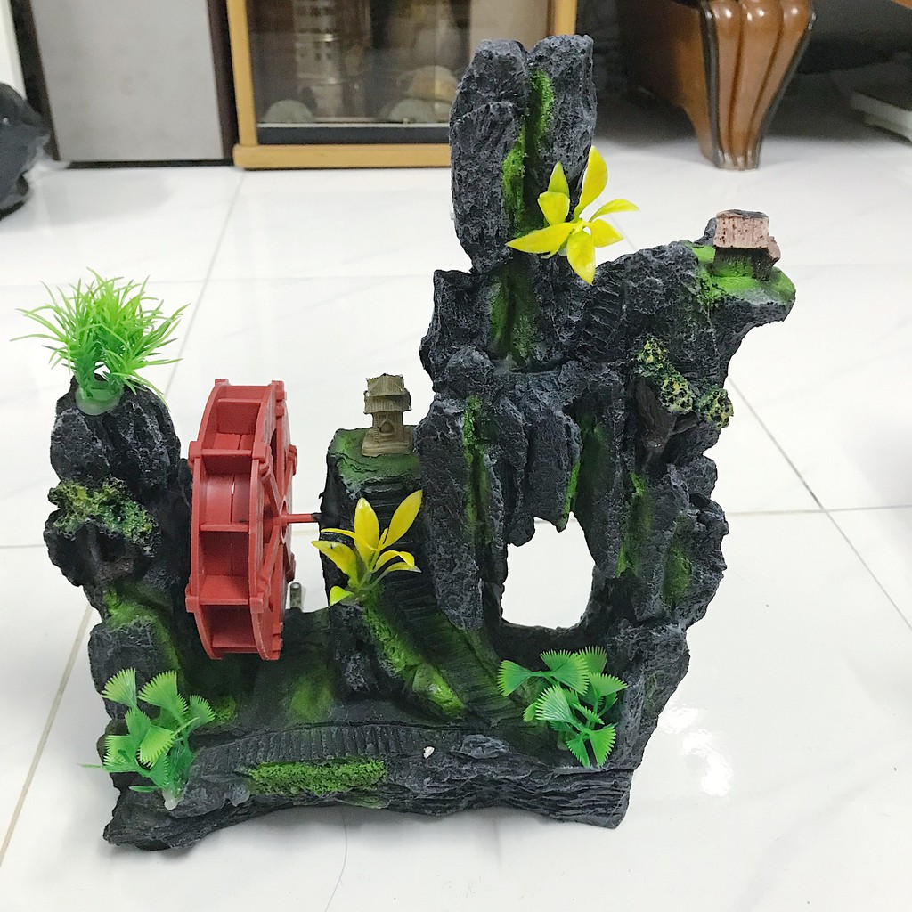 CẢNH NÚI CÓ BÁNH QUAY TRANG TRÍ HỒ CÁ NON BỘ DÀI 19CM RỘNG 8CM CAO 27CM