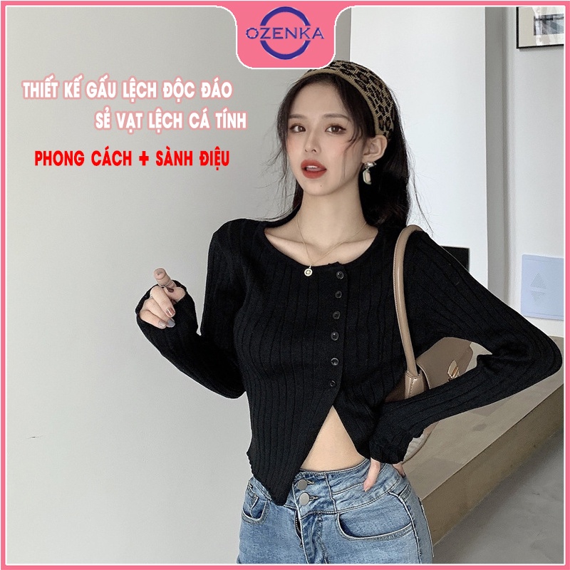 Áo croptop len nữ tay dài vạt lệch OZENKA , áo thu đông phong cách Hàn Quốc chất len gân 100% cotton đen trắng
