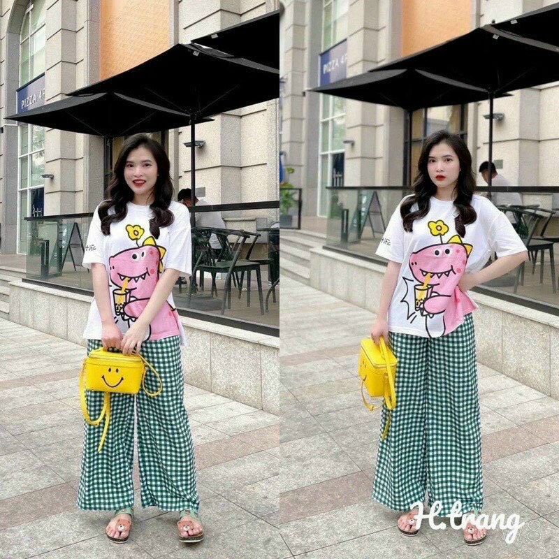 set bộ áo thun in khủng long mix quần suông dài carro k