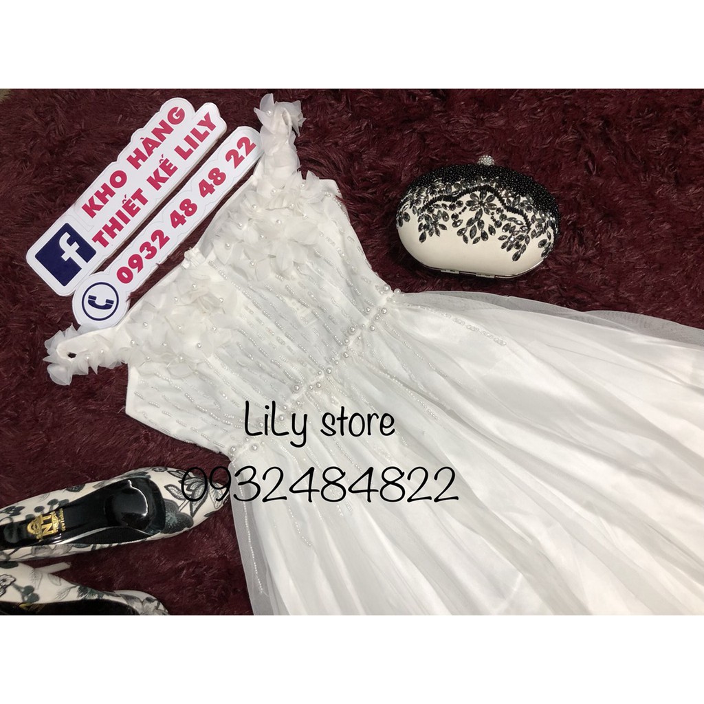 KÈM ẢNH &amp; VIDEO THẬT SHOP TỰ CHỤP 1000% Đầm Xoè trễ vai kết hoa nổi kết cườm