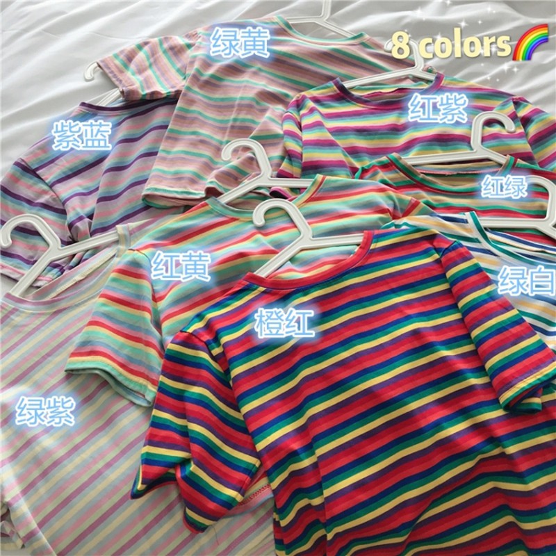 Áo Thun Lửng Tay Ngắn Kẻ Sọc Cầu Vồng Thời Trang Cho Nữ