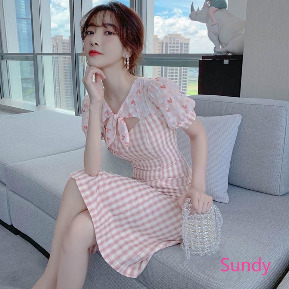 Đầm Tay Ngắn Cổ Chữ V Họa Tiết Sọc Caro Phong Cách Retro | BigBuy360 - bigbuy360.vn