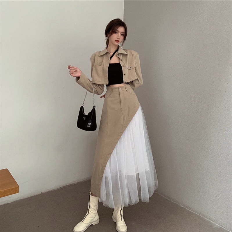 Set áo khoác dáng ngắn + váy lưng cao phối lưới thời trang mùa thu mới 2021 (có bán lẻ)