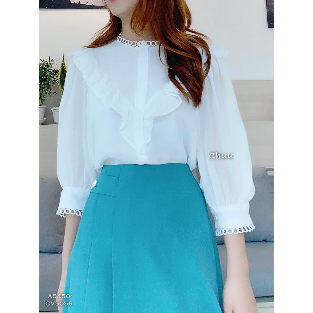 [ Mã WASTRUN4 giảm 10% tối đa 30K đơn 99K] Áo Sơ Mi Trắng Ngực Bèo V Cổ Viền Tròn CHUU A5450 | BigBuy360 - bigbuy360.vn