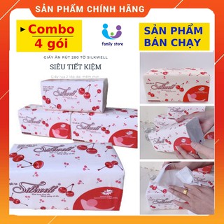 Combo 4 gói khăn giấy ăn rút đa năng Silkwell 280 tờ 2 lớp Dai Mềm Mịn