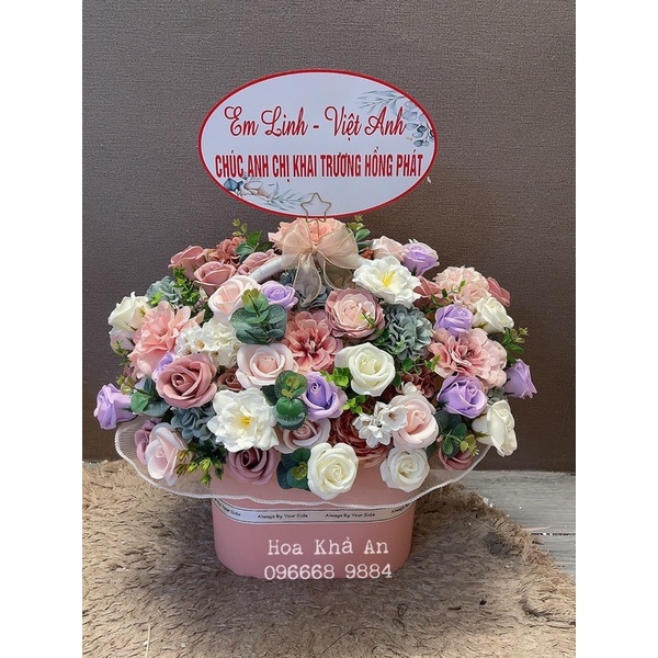 Lẵng hoa Khai Trương, Sinh nhật, Tân Gia. Hoa Sáp mix lụa cao cấp, thiết kế Khả An
