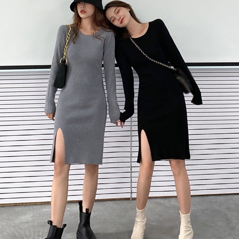 Đầm Tay Dài Cổ Tròn Dáng Ôm Xẻ Tà Quyến Rũ Dành Cho Nữ