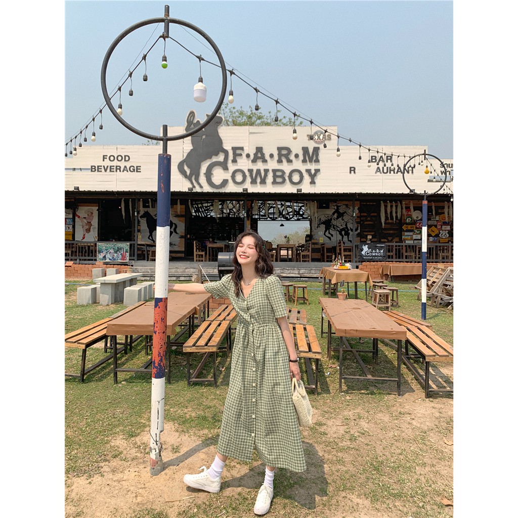 {Od} V233 đầm bigsize free size kẻ caro dáng xòe cổ V đính hàng cúc thời trang phong cách