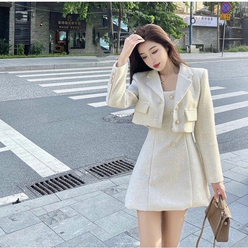 Set đầm áo khoác, đầm nữ 2 dây kèm áo khoác croptop đính nút phong cách trẻ trung hiện đại hàng cao cấp Tây Thi Shop | BigBuy360 - bigbuy360.vn