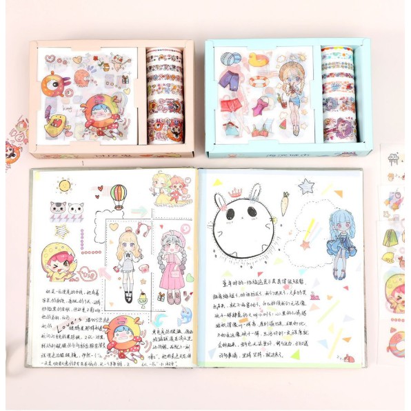 Hộp sticker dán vở siêu đẹp tặng bạn dễ thương, chứa nhiều băng dính cute cho bé ngày sinh nhật