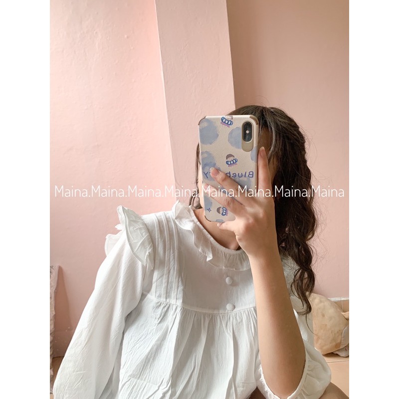 Áo babydoll cúc bọc trắng basic tay bồng(Ảnh thật/sẵn)