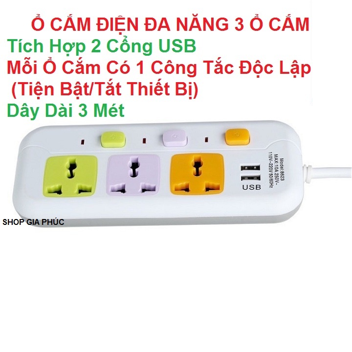 [Mấu Mới 2022] Ổ Cắm Điện Đa Năng Nhiều Ổ Điện Và 2 Cổng USB, Dây Dài 3 Mét