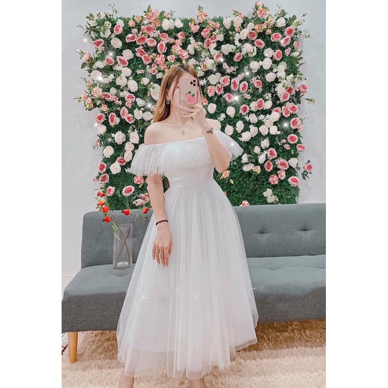 Váy đầm trắng xoè công chúa dự tiệc sang trọng trễ vai chất voan lưới V00507 freesize AĐ BOUTIQUE