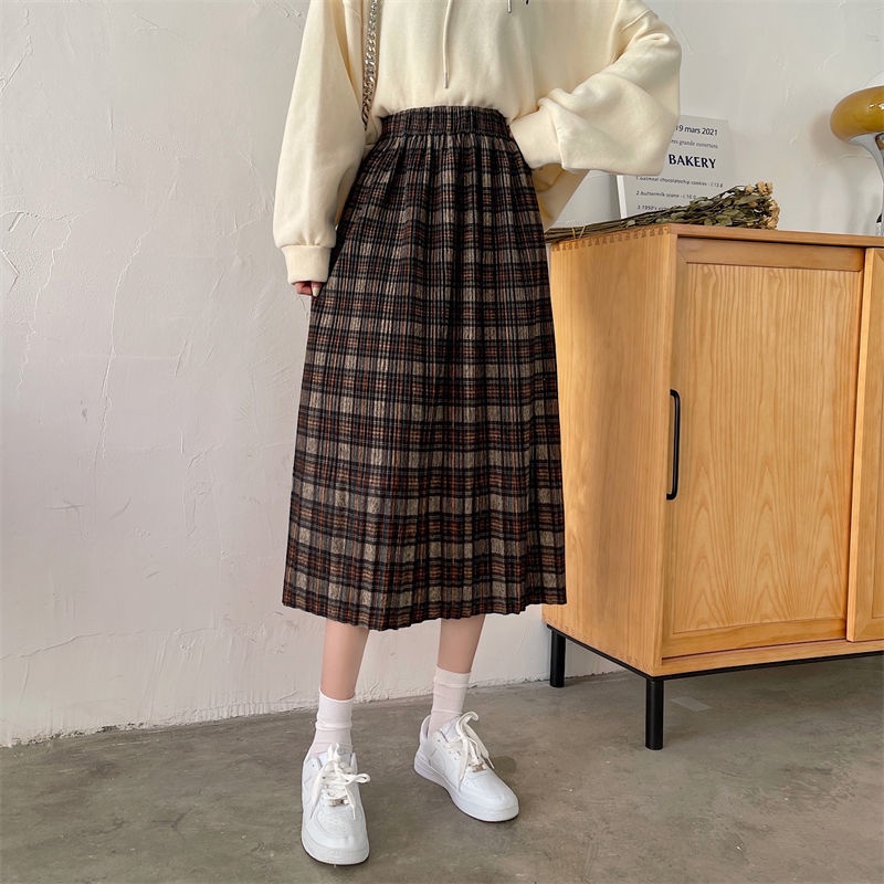 Chân Váy midi Dáng Rộng Họa Tiết Kẻ Sọc Phong Cách Hàn Quốc Cổ Điển Thời Trang Mùa Thu Mới