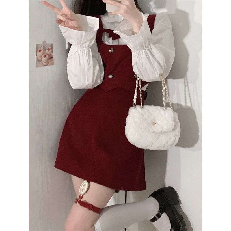 FXDAZI Bộ Áo Sơ Mi Trắng In Hình Quả Cherry + Chân Váy 2022 Kiểu Retro Thời Trang Cho Bạn Gái
