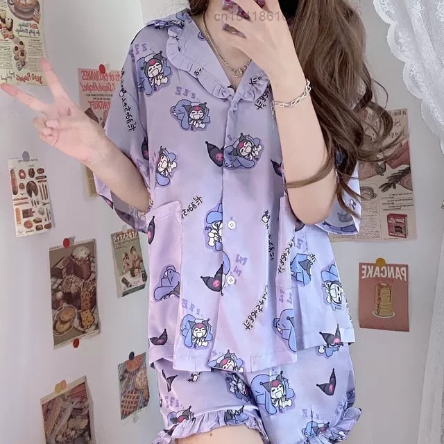Bộ đồ ngủ tay ngắn họa tiết Hello Kuromi Kitty Cinnamoroll Melody dành cho nữ