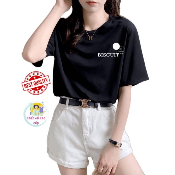 Áo thun nữ tay ngắn cổ tròn in chữ Biscuit chất vải thun cotton thoáng mát co dãn freesize dưới 55kg
