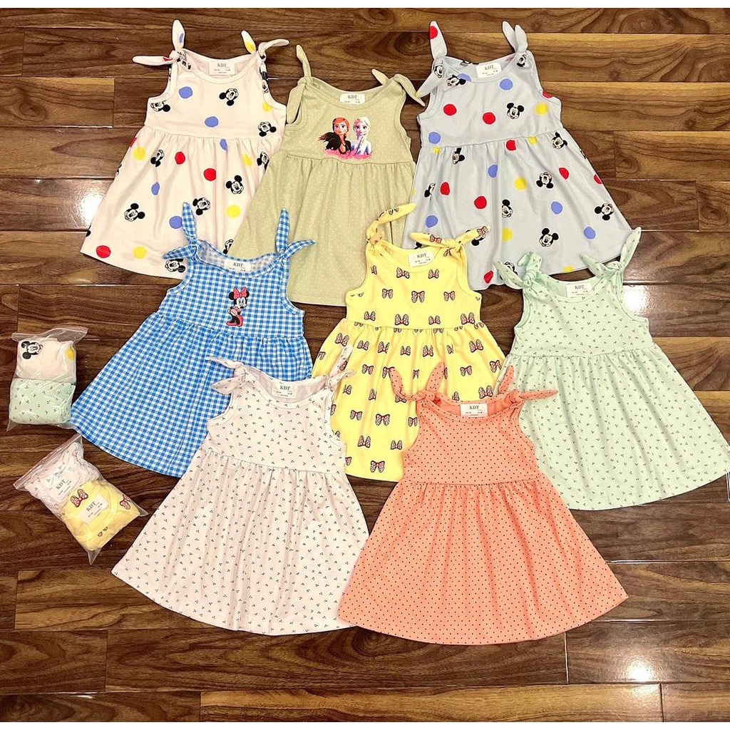Váy bé gái chất cotton 12- 38kg nơ vai sát nách dễ thương