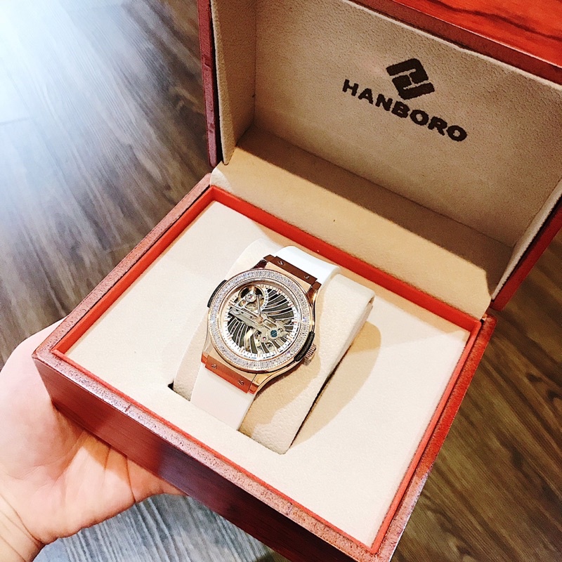 Đồng hồ nữ Hanboro máy lộ đáy dây silicone