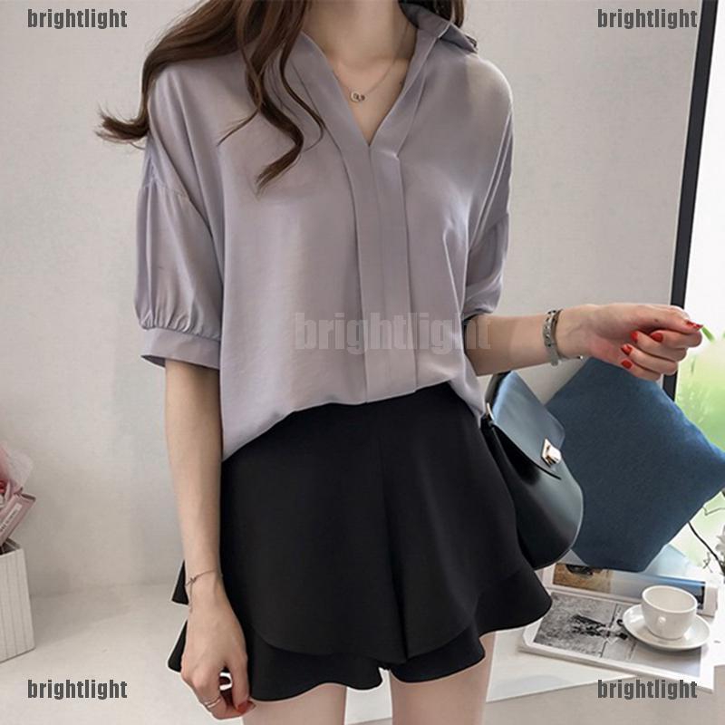 [Bright] Korean Summer Women shirt V Neck loose Casual Solid Slim blouse top Plus Size [LT] | BigBuy360 - bigbuy360.vn