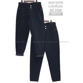 Quần Bò Lưng Cao/Quần Baggy Jean Nam/Nữ - LƯNG LỆCH 2 Nút Siêu Cao - FORM TO DÀI Đen Tuyền