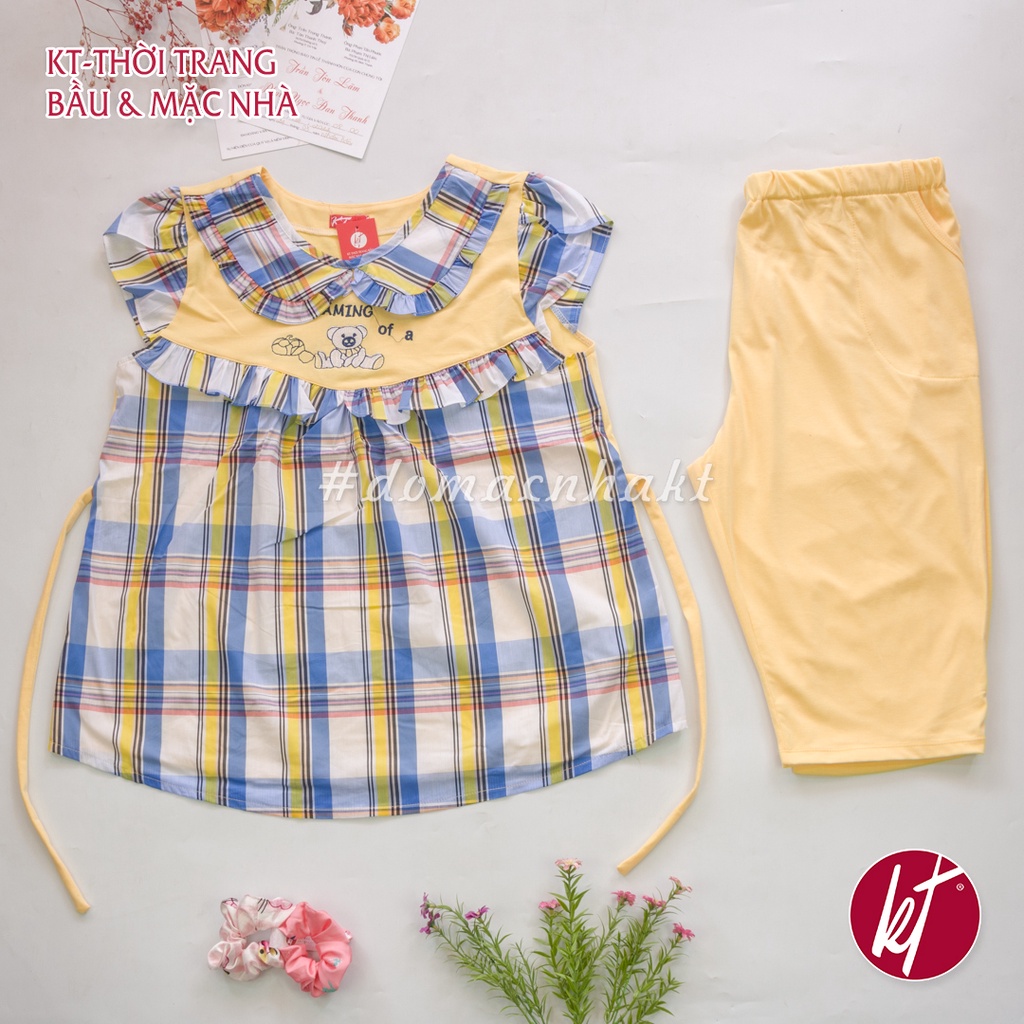 Đồ bộ bầu cho mẹ bầu thun phối kate caro lửng mẫu gấu thêu freesize dưới 72kg DOMACNHAKT BBLTP07