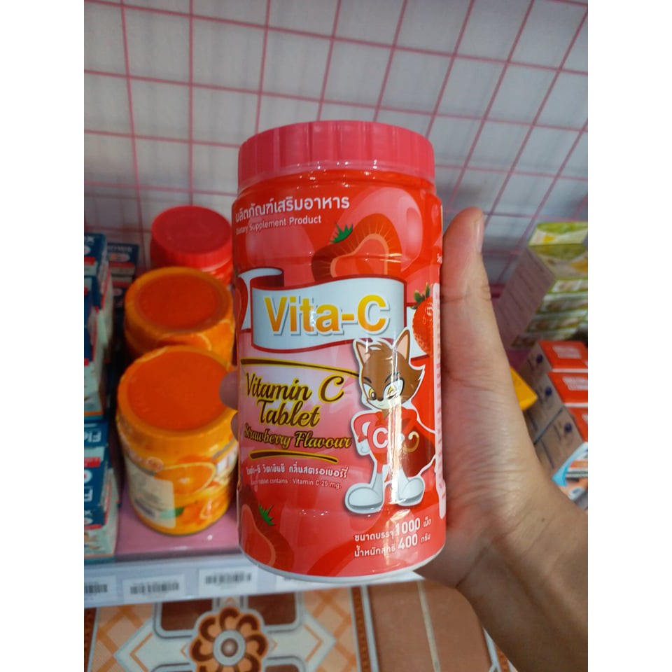 Kẹo Vitamin C Thái Lan vị dâu Hộp 1000 viên - Kẹo ngậm Vita C tăng cường đề kháng cho bé