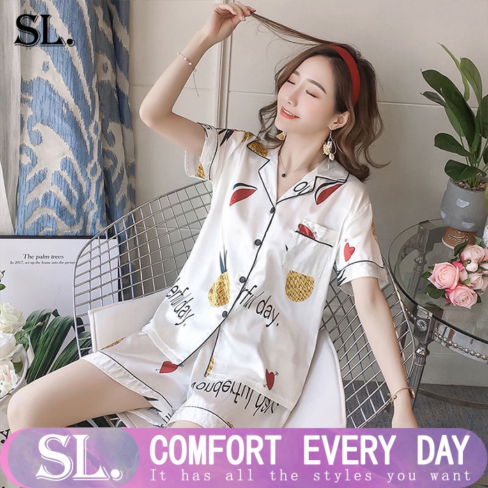 Bộ Đồ Ngủ Ngắn Bằng Vải Lụa Phong Cách Hàn Quốc Xinh Xắn Cho Nữ