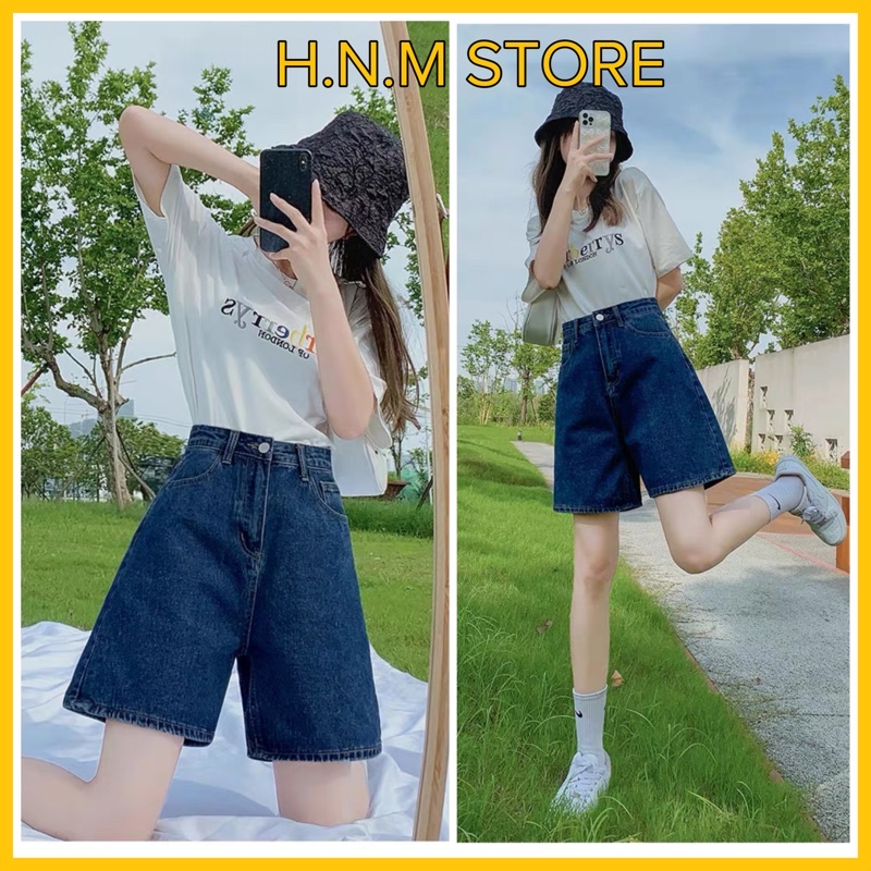 [Ảnh thật] Quần short Jean nữ màu xanh  đậm ngố vải demin cao cấp in logo phong cách Hàn Quốc