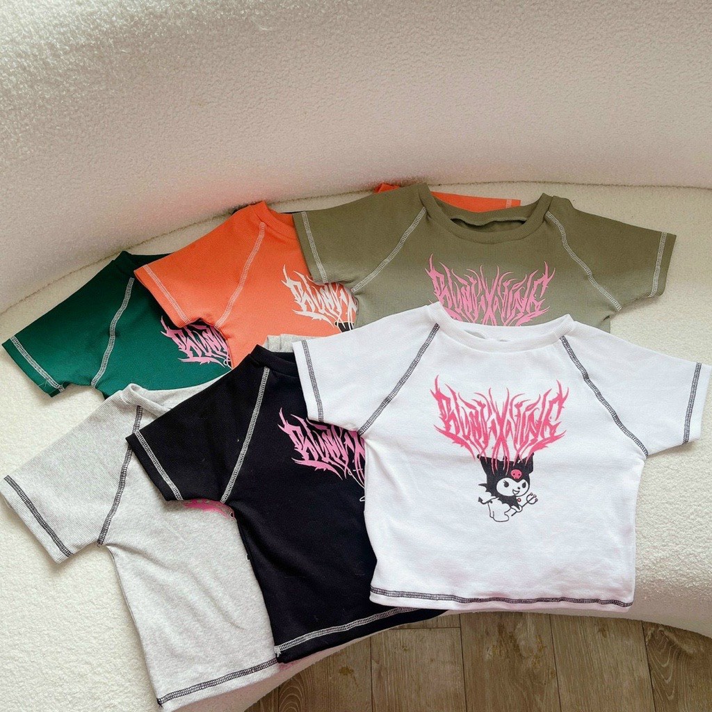 Áo Croptop Cổ Tròn Tay Ngắn Viền Chỉ In Hình Quỷ Siêu Ngầu