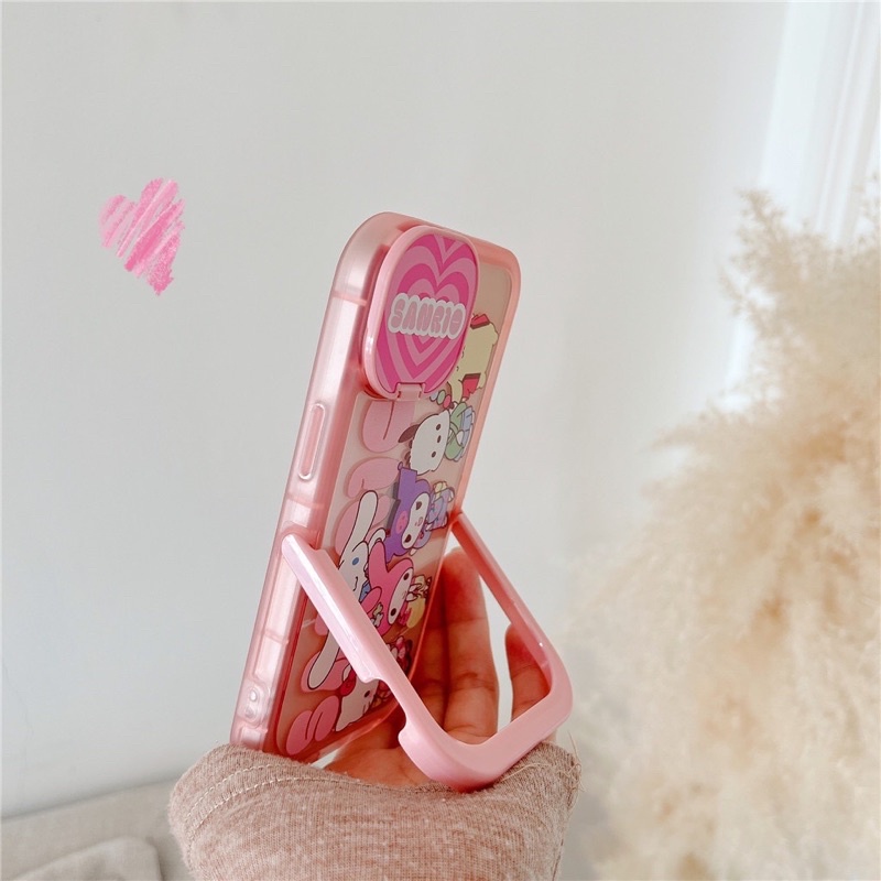 Ốp lưng iphone mềm dẻo có gương che bảo vệ camera và chân để bàn tiện lợi hoạt hình màu hồng baby