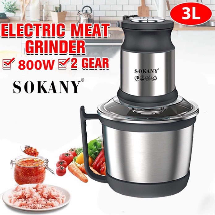 Máy Xay Thịt, Tỏi Ớt Đa Năng SOKANY 3L Chất Liệu Inox Công suất lớn 800W