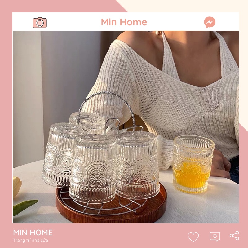 Cốc thuỷ tinh khắc hình hoa hướng dương vintage dùng uống nước trà cafe decor trang trí ly thuỷ tinh giá rẻ MinHome CTT5